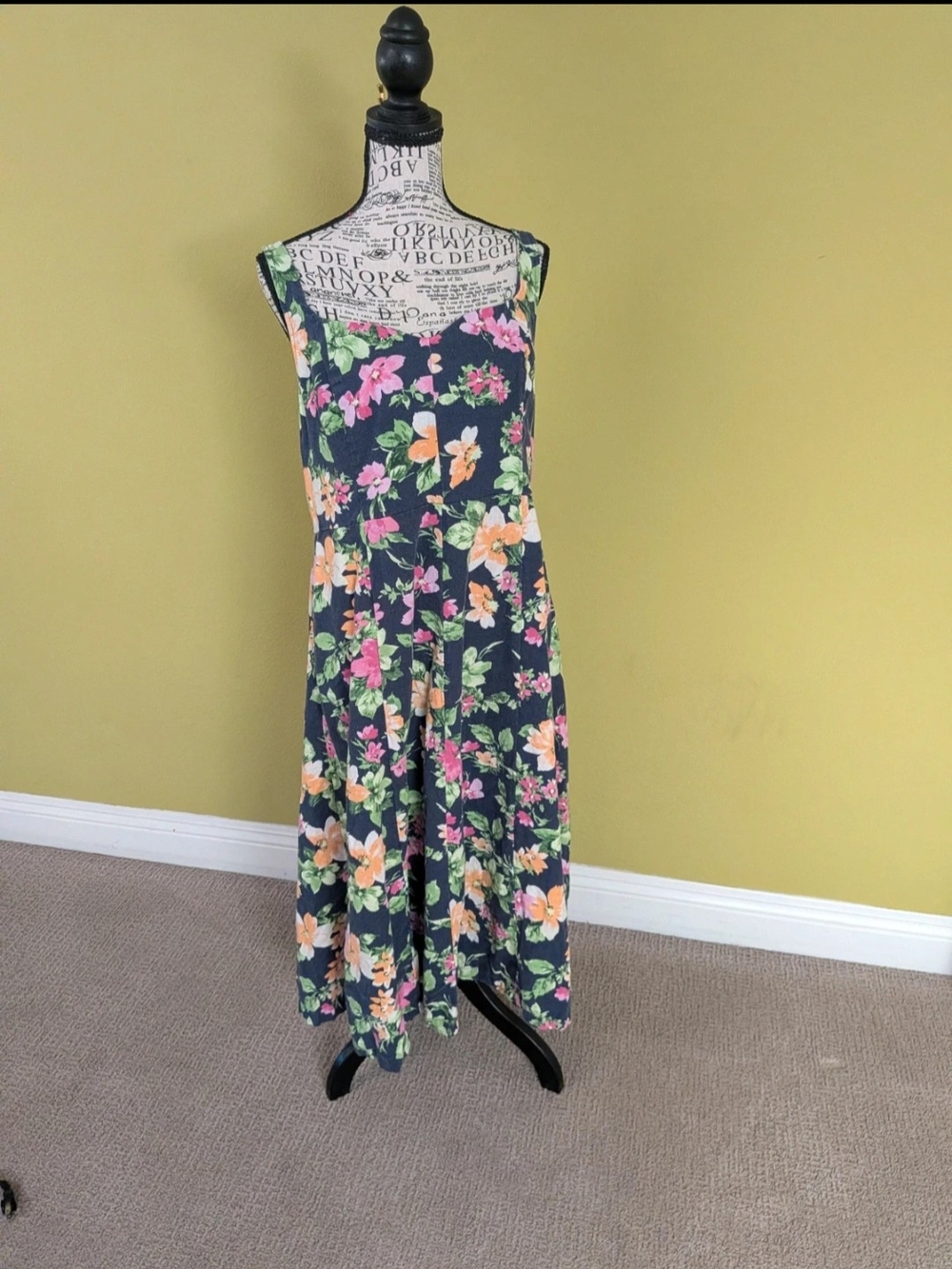 Floral Square-Neck Maxi Dress in Navy with Peach & Pink Flowers